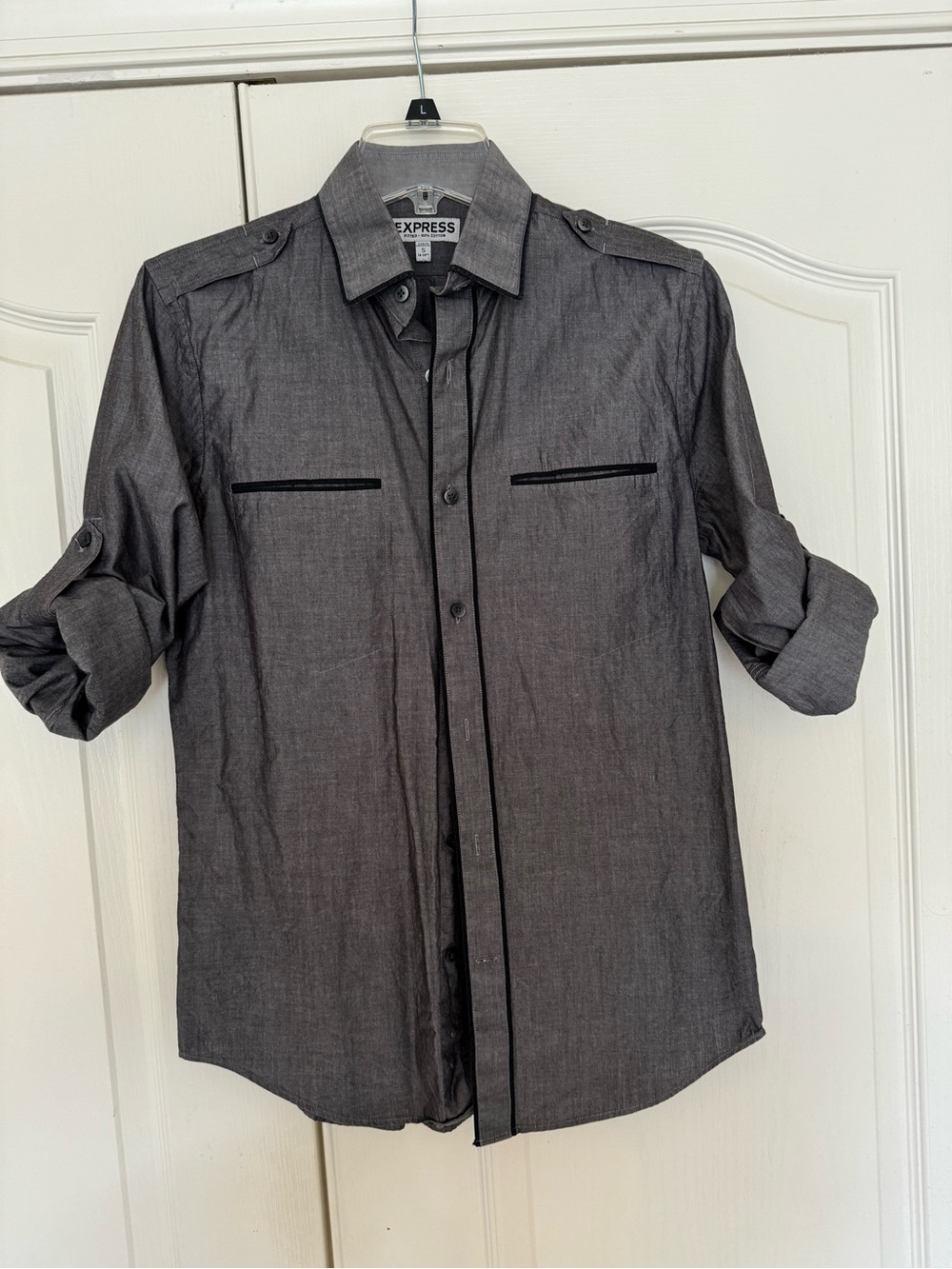 Express Men's Charcoal Button-Down Shirt with Epaulets